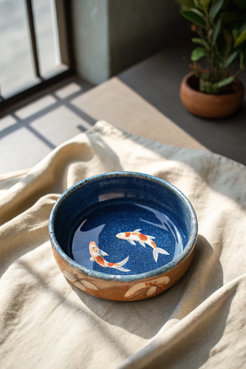 Deep-blue koi pond ashtray with glossy glaze and minimalist fish details for a calm boho vibe
