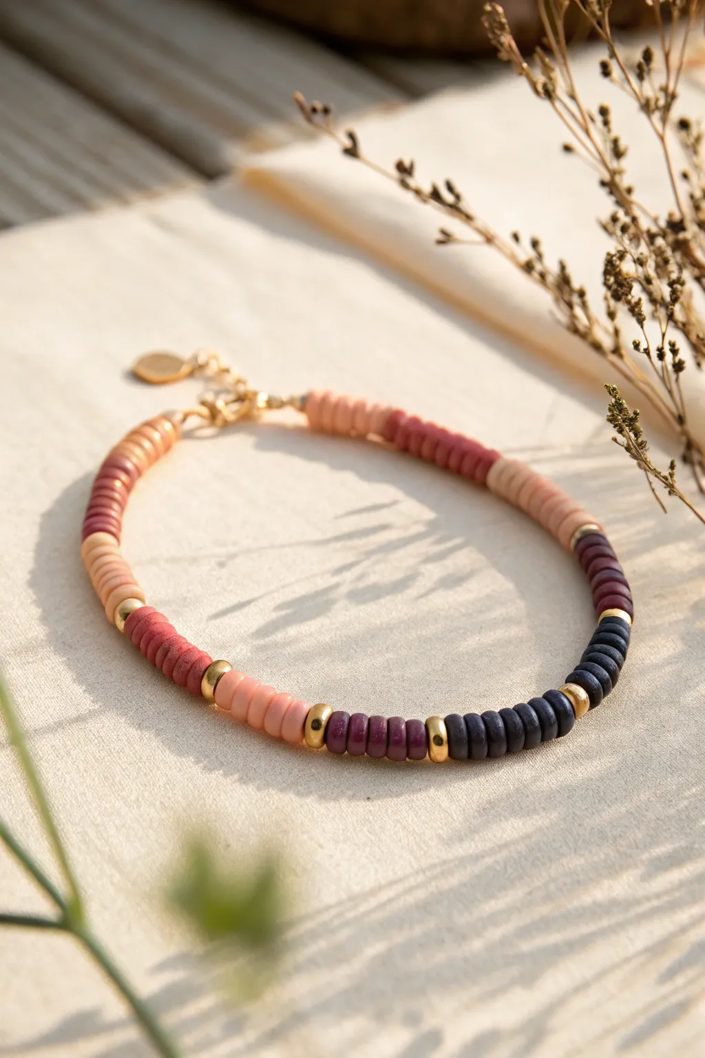 Sunset-to-night heishi bracelet gradient in warm coral fading into deep navy tones