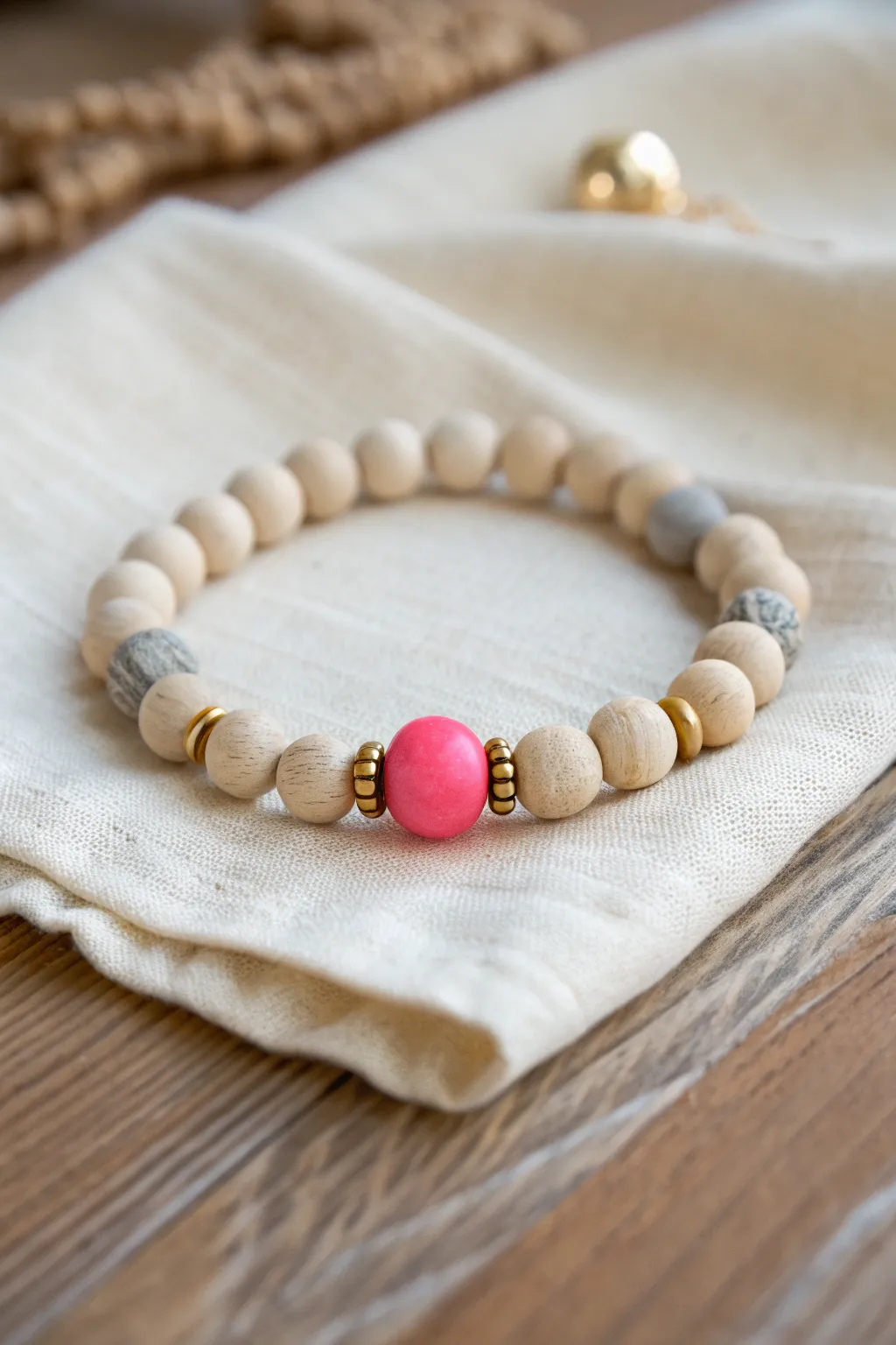 Neutral clay beads with one bold pop bead and gold spacers for an effortless modern boho look