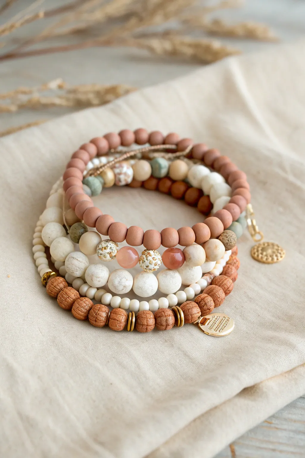 Mismatch-but-matching clay bead bracelet stack in dusty rose and soft neutrals, minimal boho.