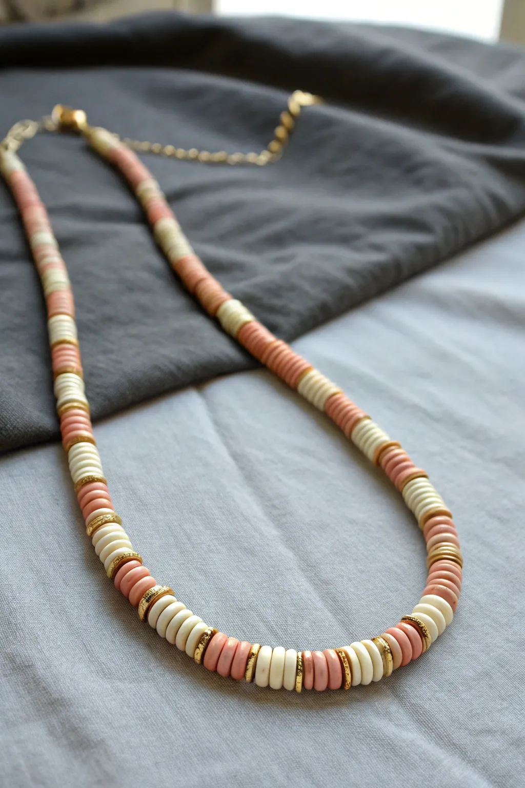 Linked heishi clay bead segments add playful texture to a minimalist, boho-inspired necklace.
