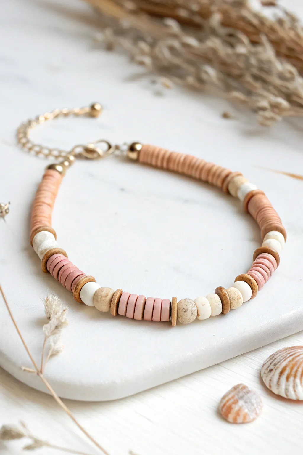 Heishi discs with tiny tube spacers bring a soft boho texture to this minimalist clay bracelet.