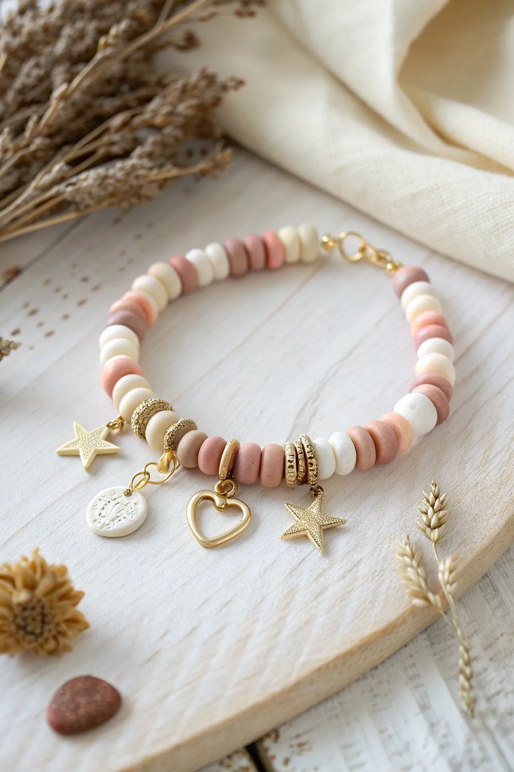 Sweet clay disc bracelet with a tiny charm cluster drop for an easy, minimalist boho look