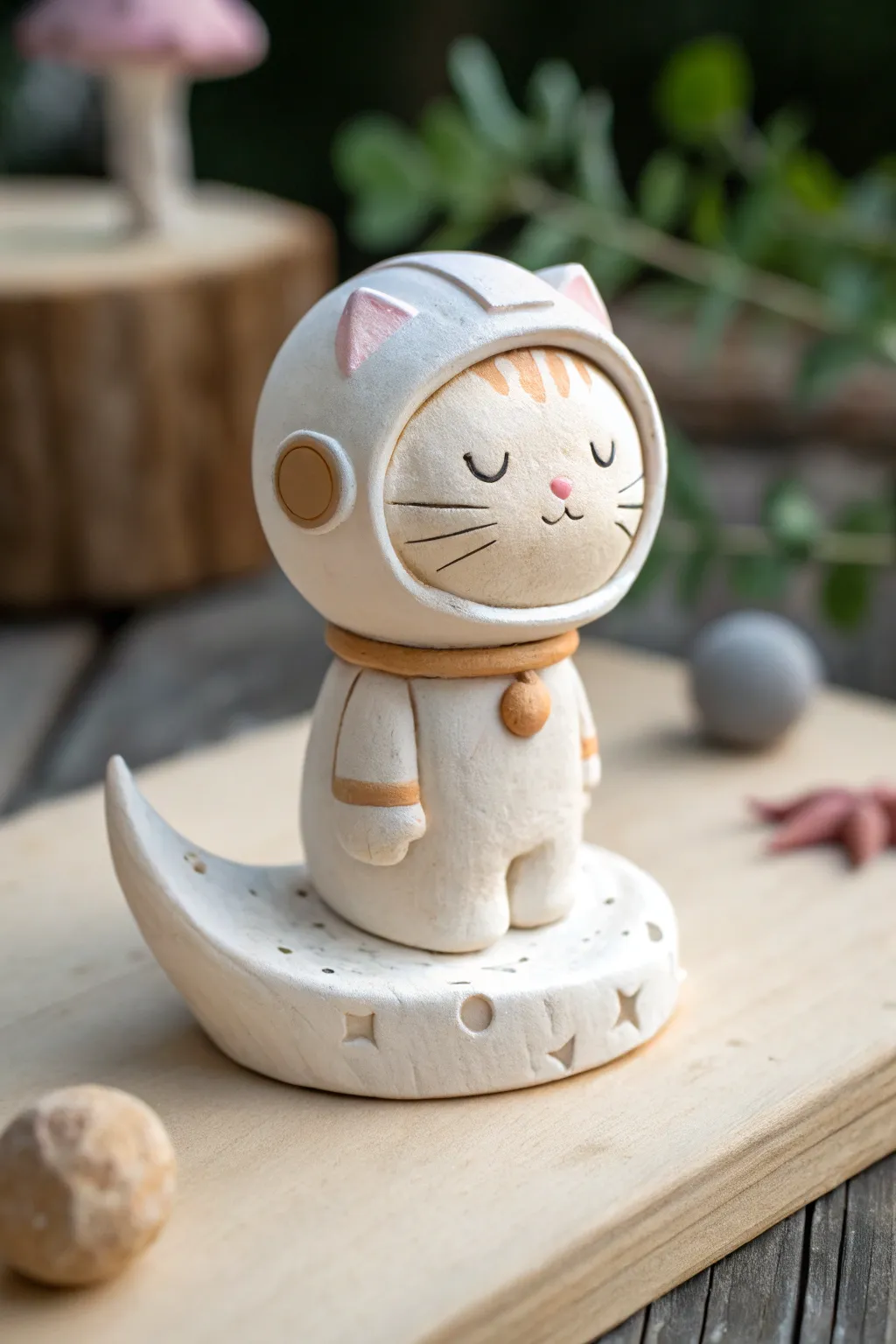 Cute astronaut kitty perched on a crescent moon, minimalist clay charm for dreamy shelves.