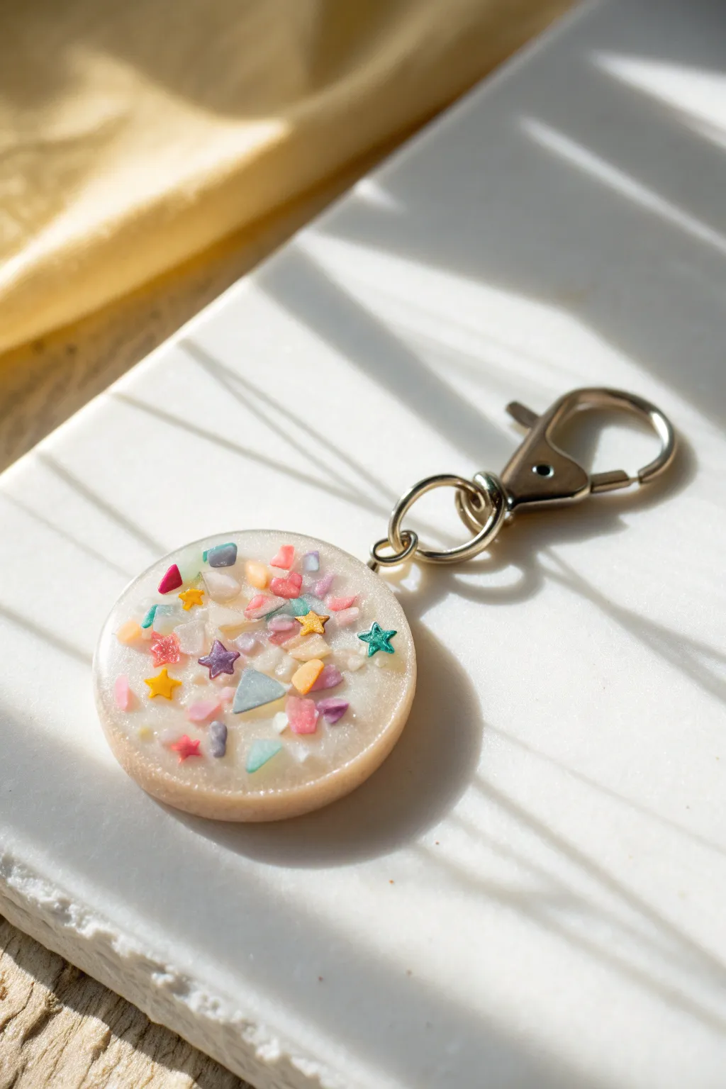 Minimal faux shaker confetti charm with glossy clear-top look and bright pastel confetti pop.