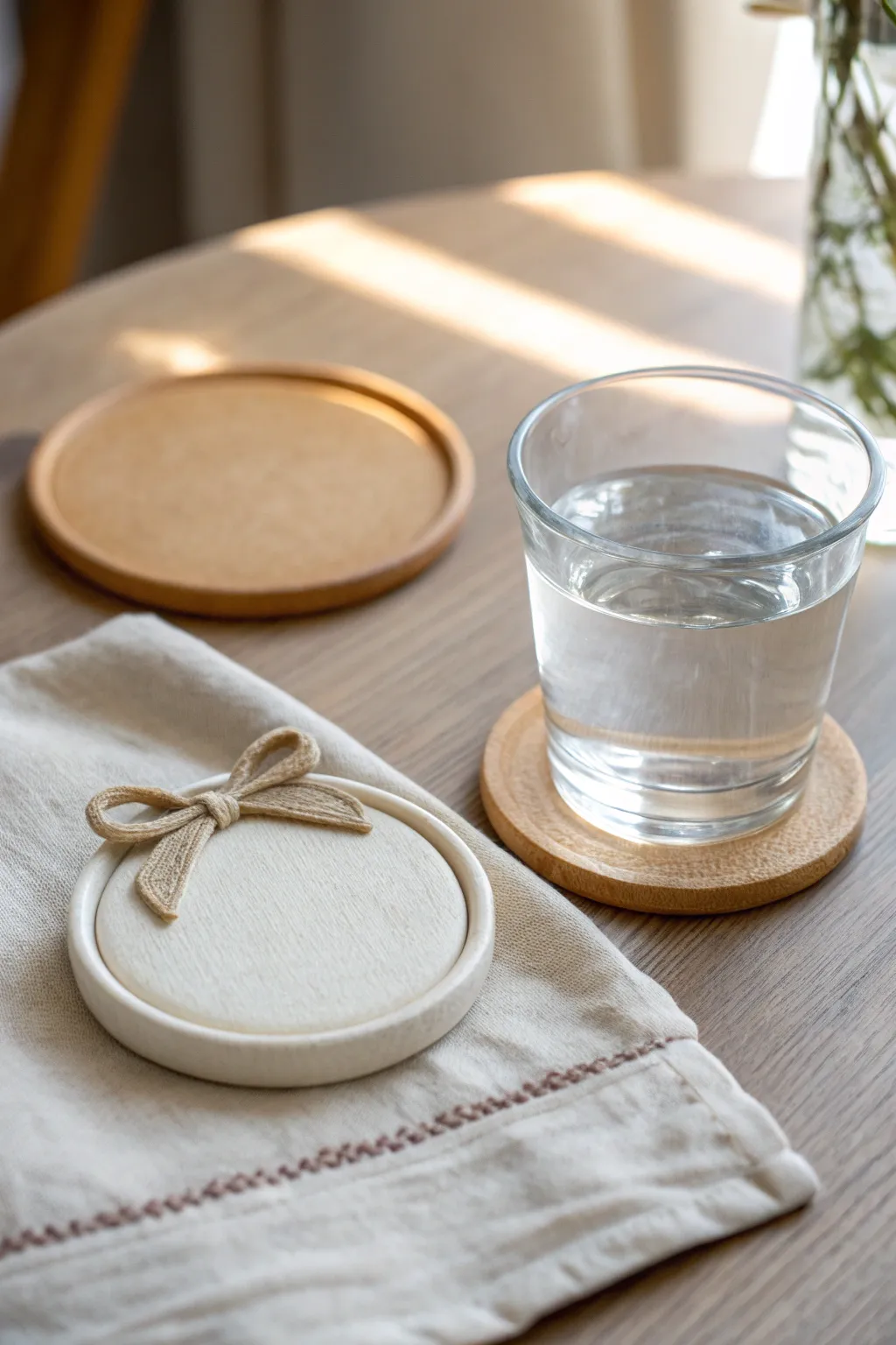 Mini charm-topped clay coaster with a glass, simple, cute, and still practical for daily use