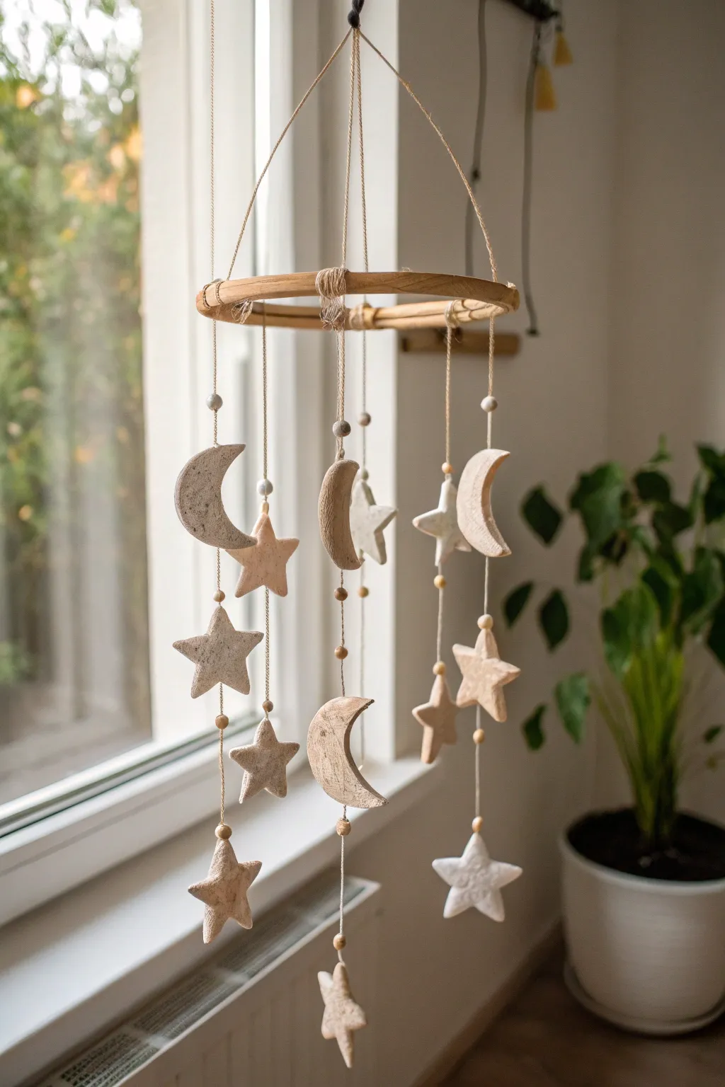 Dreamy pastel clay mobile with moons and stars, a simple boho touch for cozy spaces.
