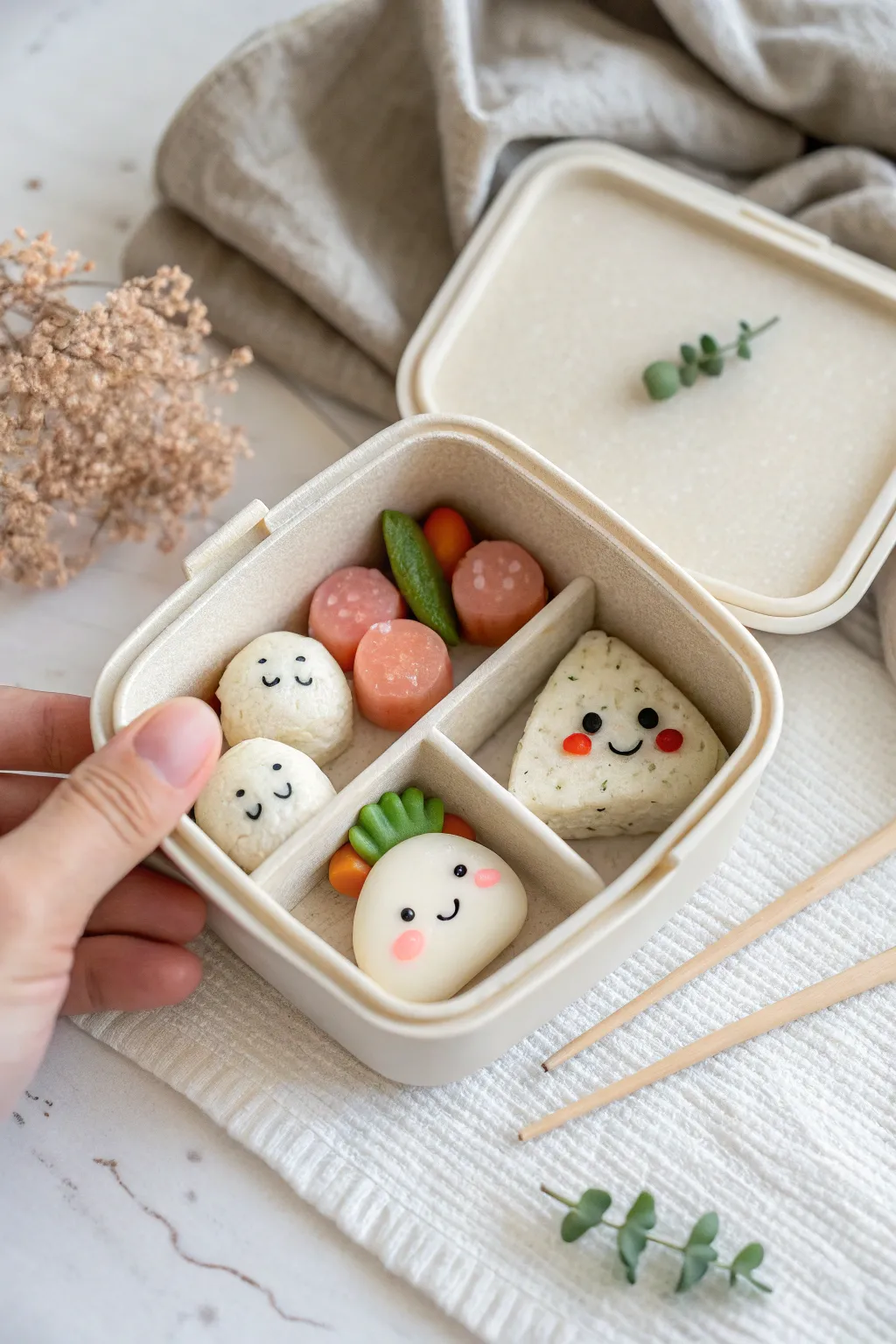 Tiny clay bento box with mix-and-match kawaii foods, clean compartments and soft neutral tones