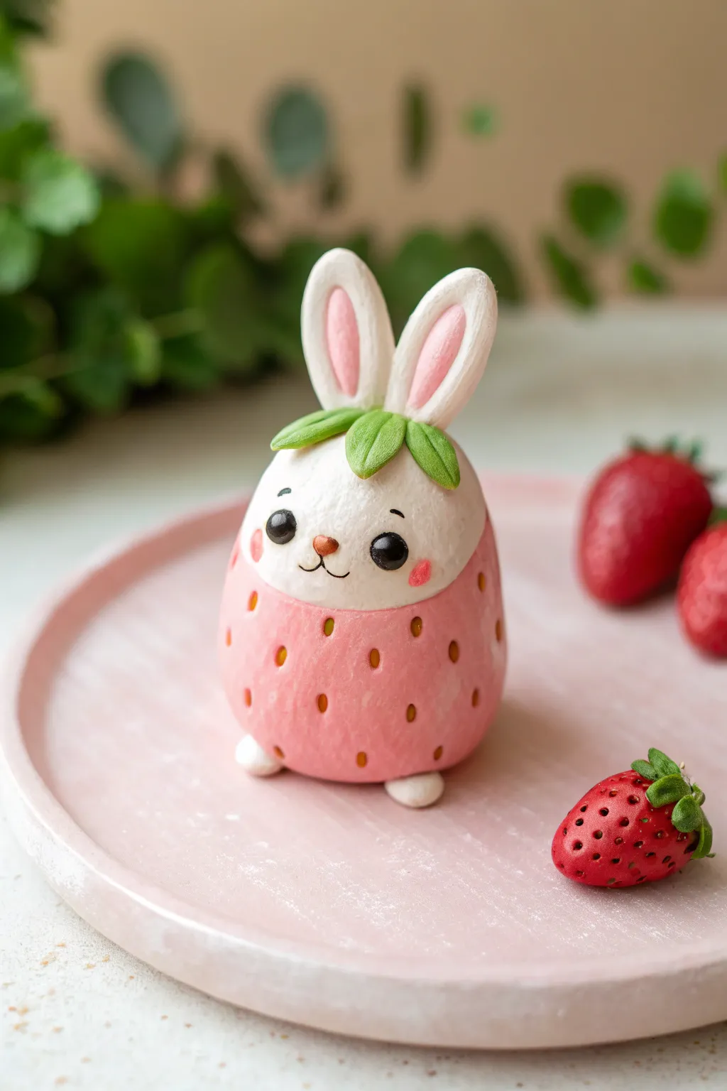 Strawberry-bunny mini figurine in soft pastels, the sweetest cute clay idea for your shelf.