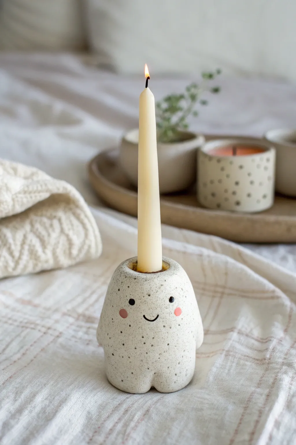 Make this adorable minimalist clay candle holder with blush cheeks for cozy boho vibes.
