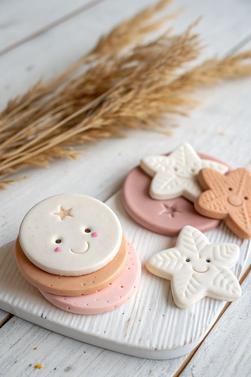 Kawaii clay coasters with tiny faces in simple shapes, stacked for a sweet minimalist look