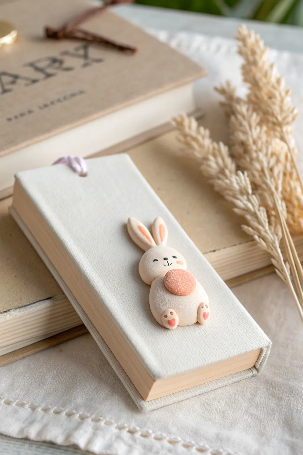 Cheeky little clay animal butt bookmark peeking from a closed book, simple and adorable.