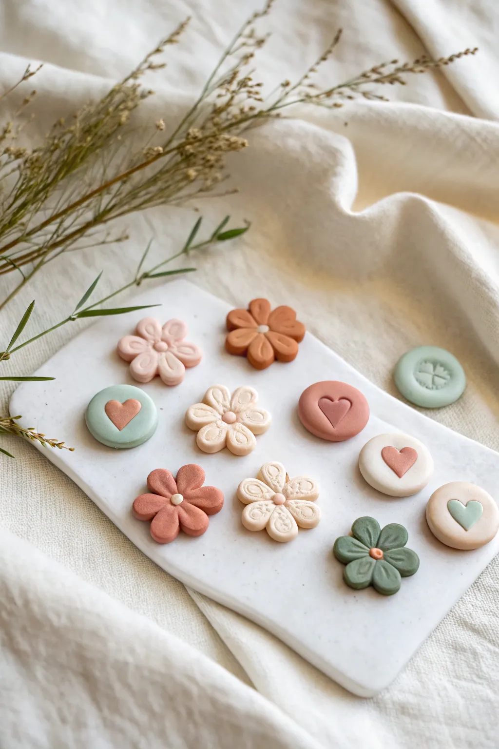 Sweet flower and heart clay magnets styled as a minimalist Mothers Day gift set on bright linen