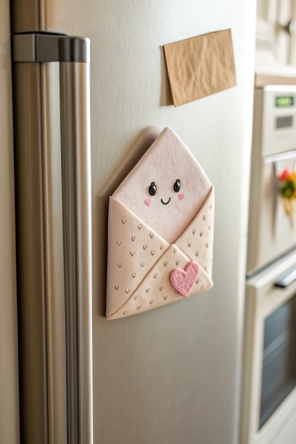 Sweet tiny envelope clay magnet with heart seal, holding a blank note on your fridge.