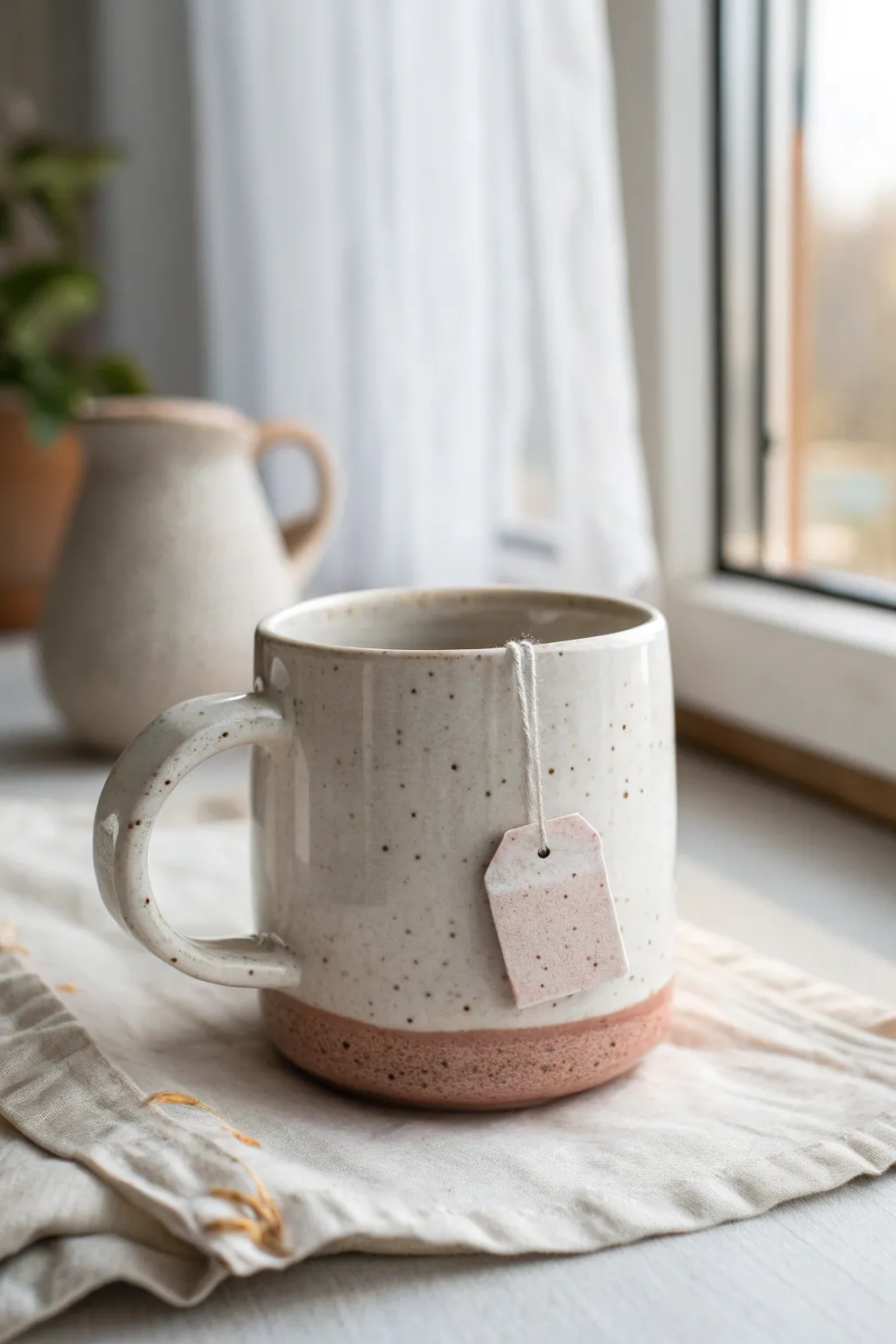 Tiny tea pocket mug with sweet tag detail, minimalist glaze, perfect for cozy Scandinavian tea time