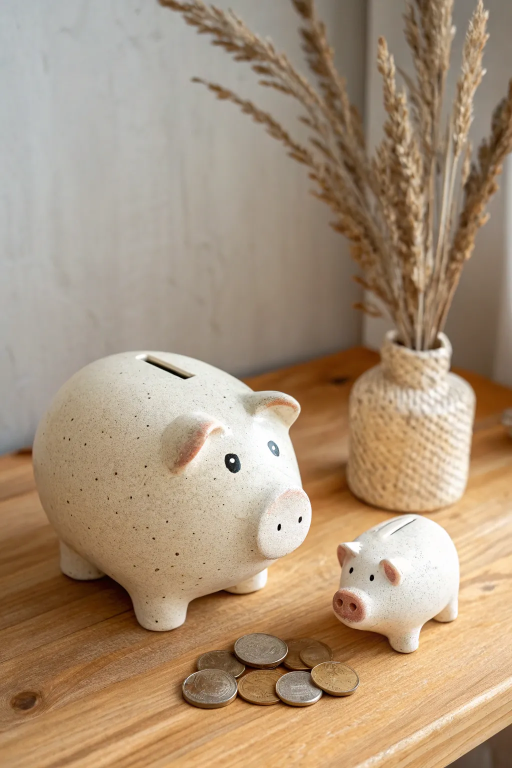 A sweet mama pig bank with tiny piglet companion, a cozy minimalist duo for spare coins.