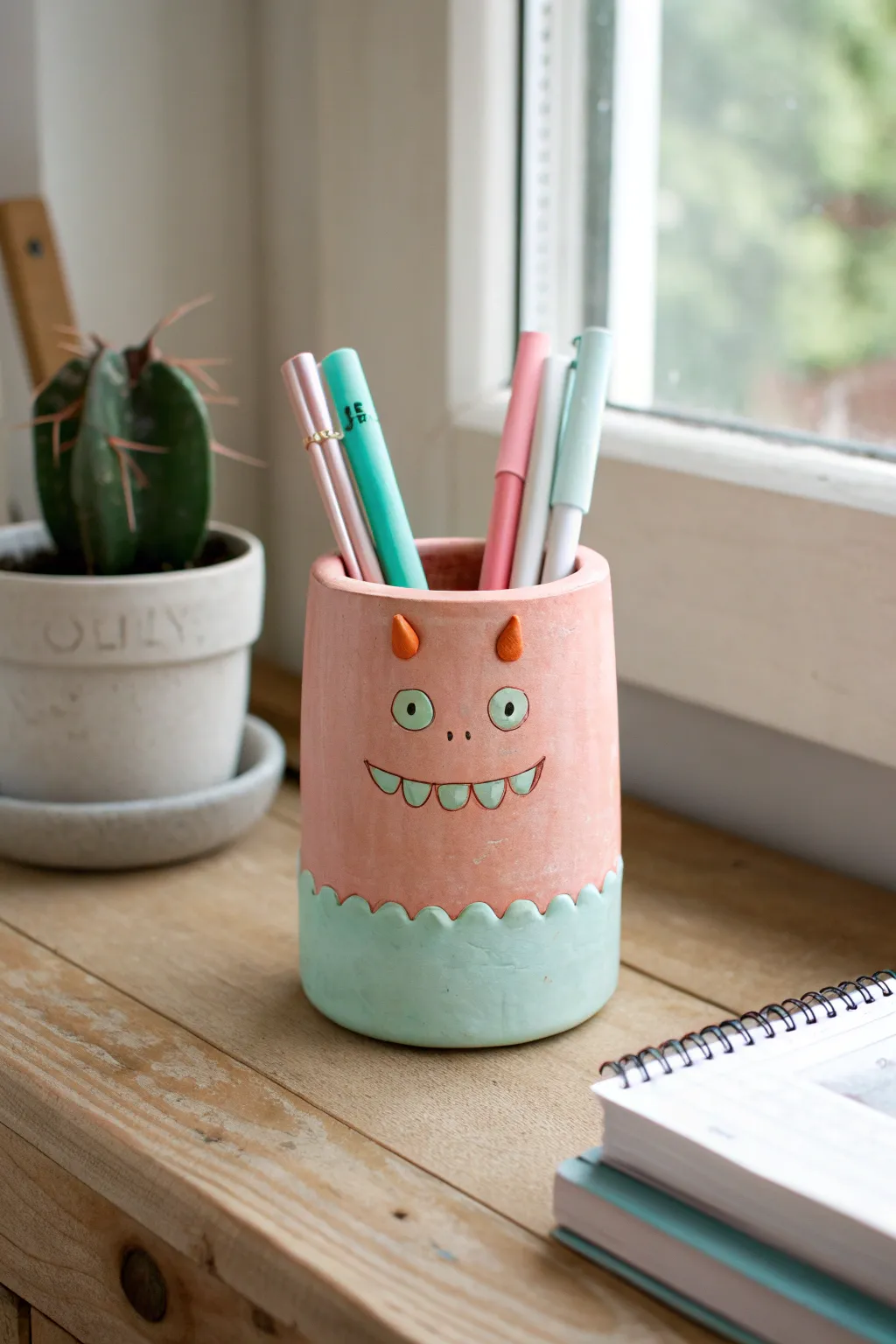 Chunky little monster desk cup with horns and grin, holding pens in a bright playful palette.