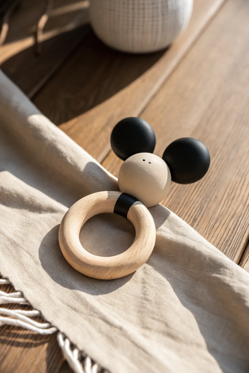 Minimal mouse-ears clay rattle in bold black and cream, a cute handmade nursery accent
