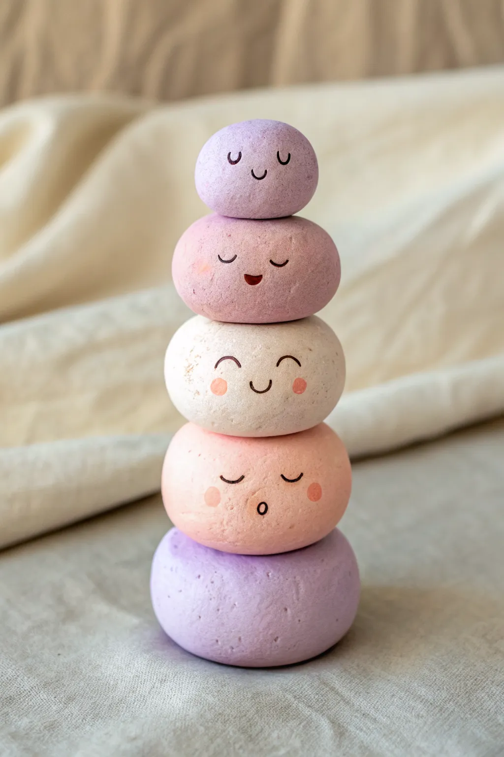 Easy stacked clay totem with three tiny faces in soft pastels, minimal and irresistibly cute