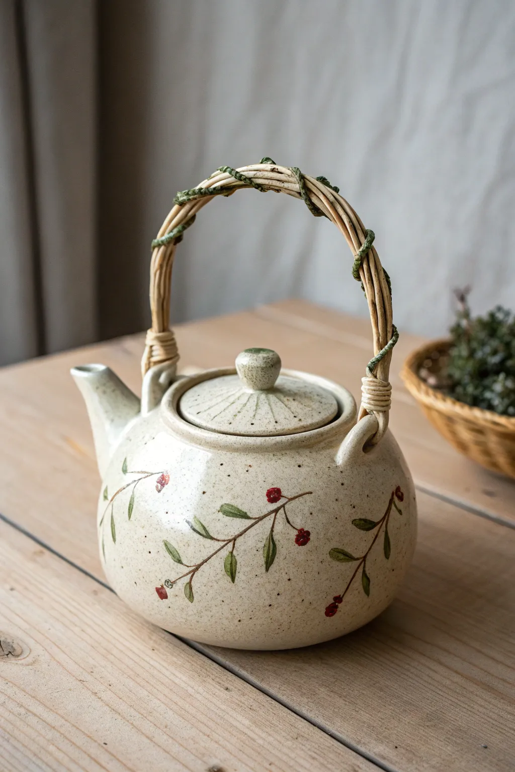 Vine handle teapot with a sweet leaf spout, minimalist and nature-inspired.
