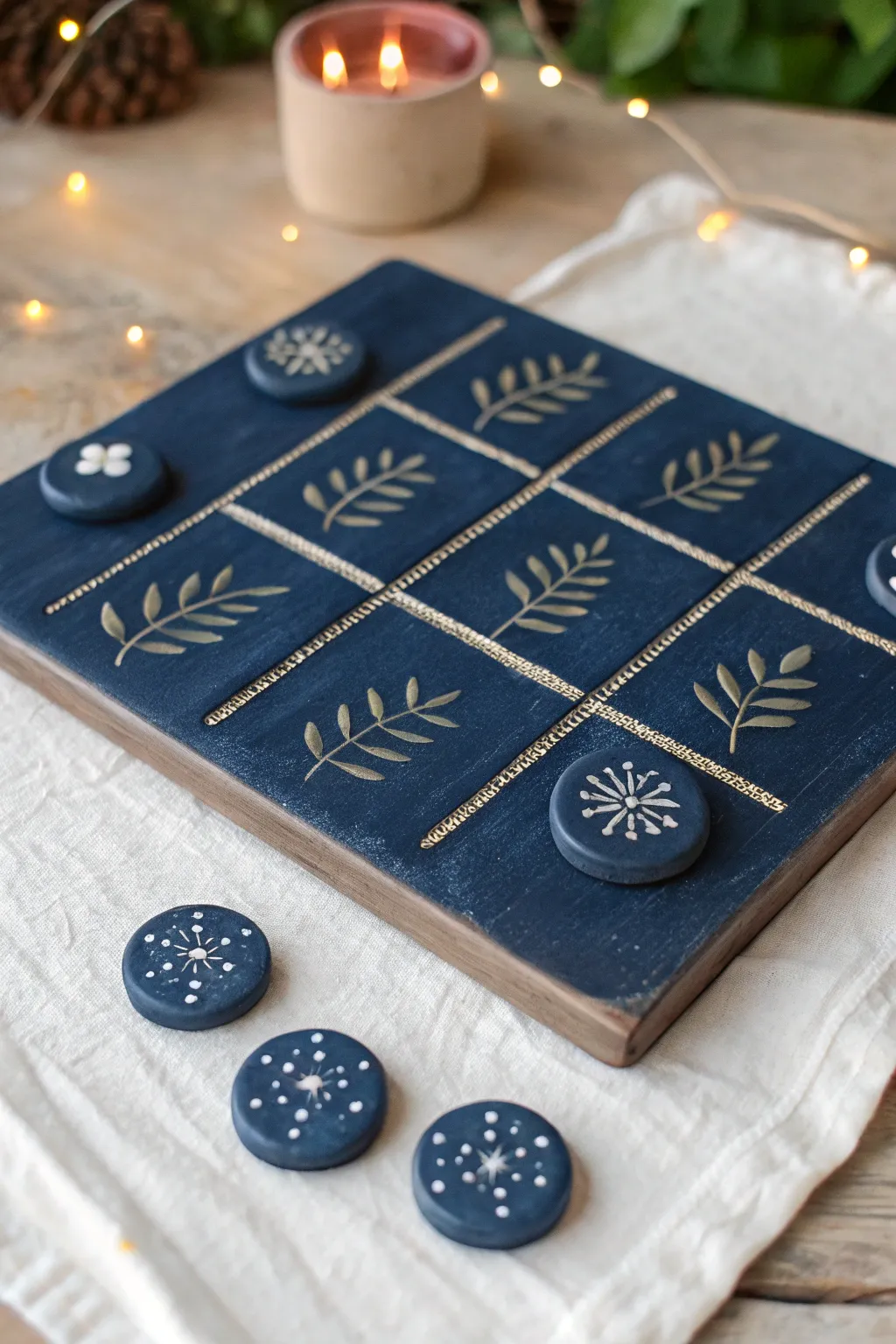 Deep midnight clay tic tac toe with glowing firefly dots and flower buds for cozy night play