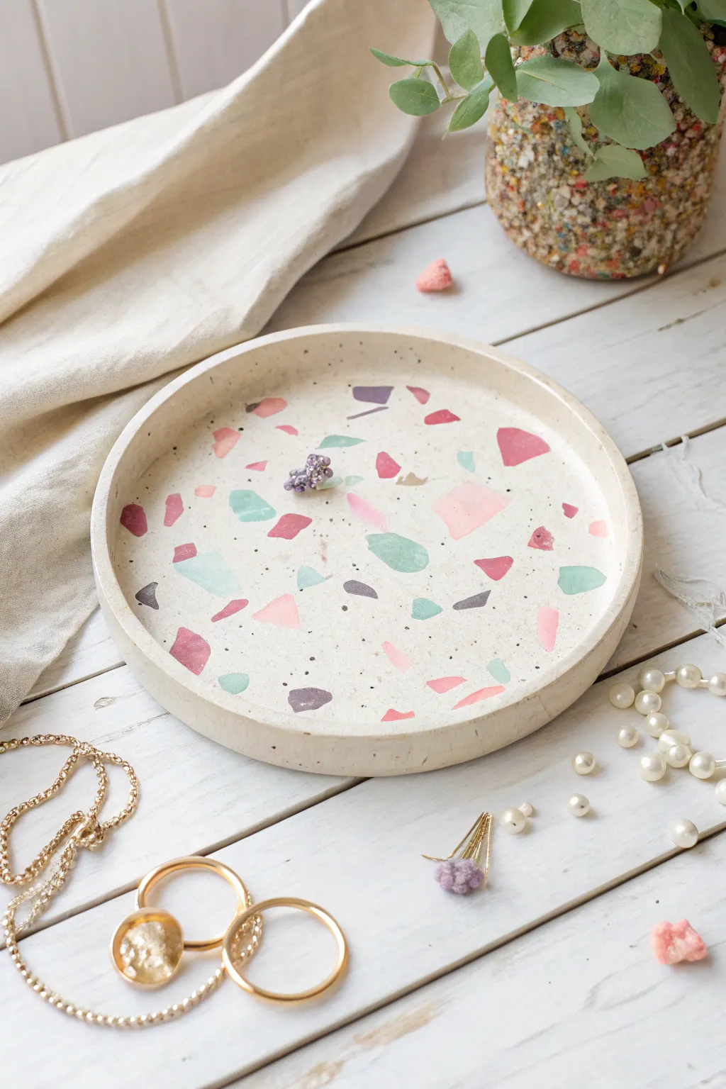 Candy terrazzo confetti tray in pastel chips, perfect catchall for dainty jewelry