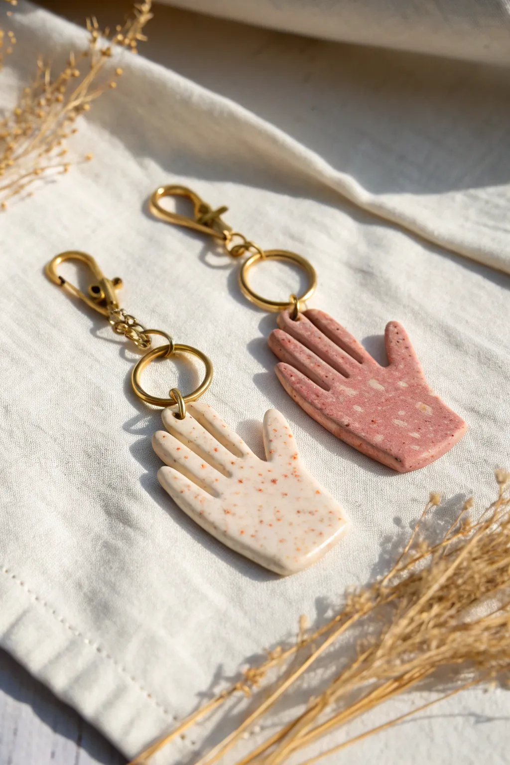 Interlocking pinkie promise clay charms in blush and ivory, minimalist and sweet for couples