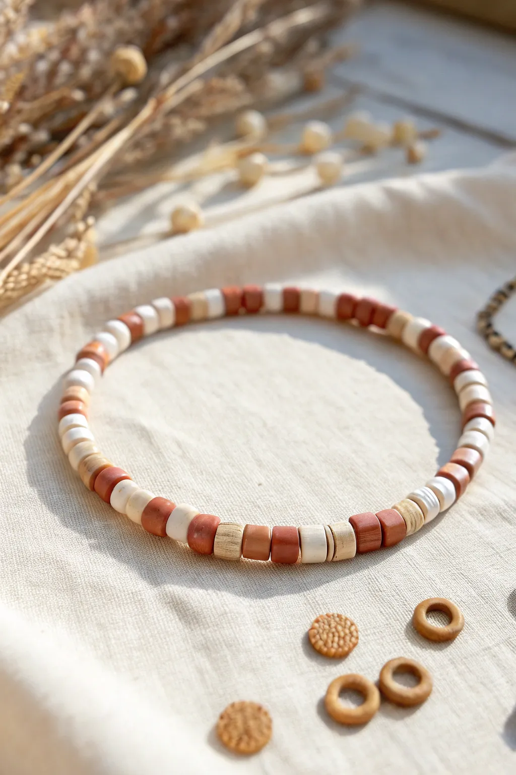 Cute checkerboard color flip heishi bracelet in ivory and terracotta, simple and boho minimal