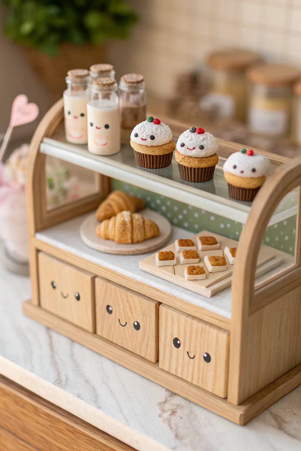 Tiny clay bakery counter diorama with adorable face-food treats in a minimalist Nordic style.