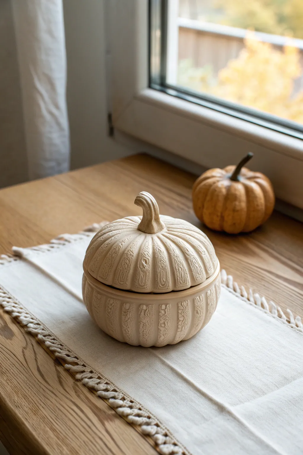 Cozy fall decor: a stackable pumpkin trinket box, slightly open to show its hidden storage.