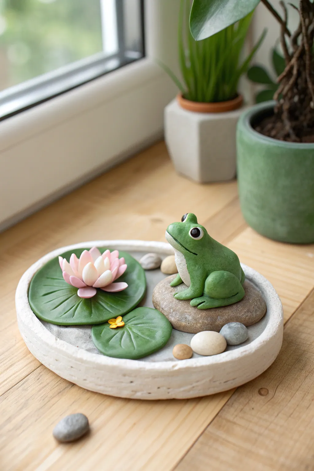 Weekend-ready frog pond mini diorama: one cute frog, lily pad, and tiny flower detail
