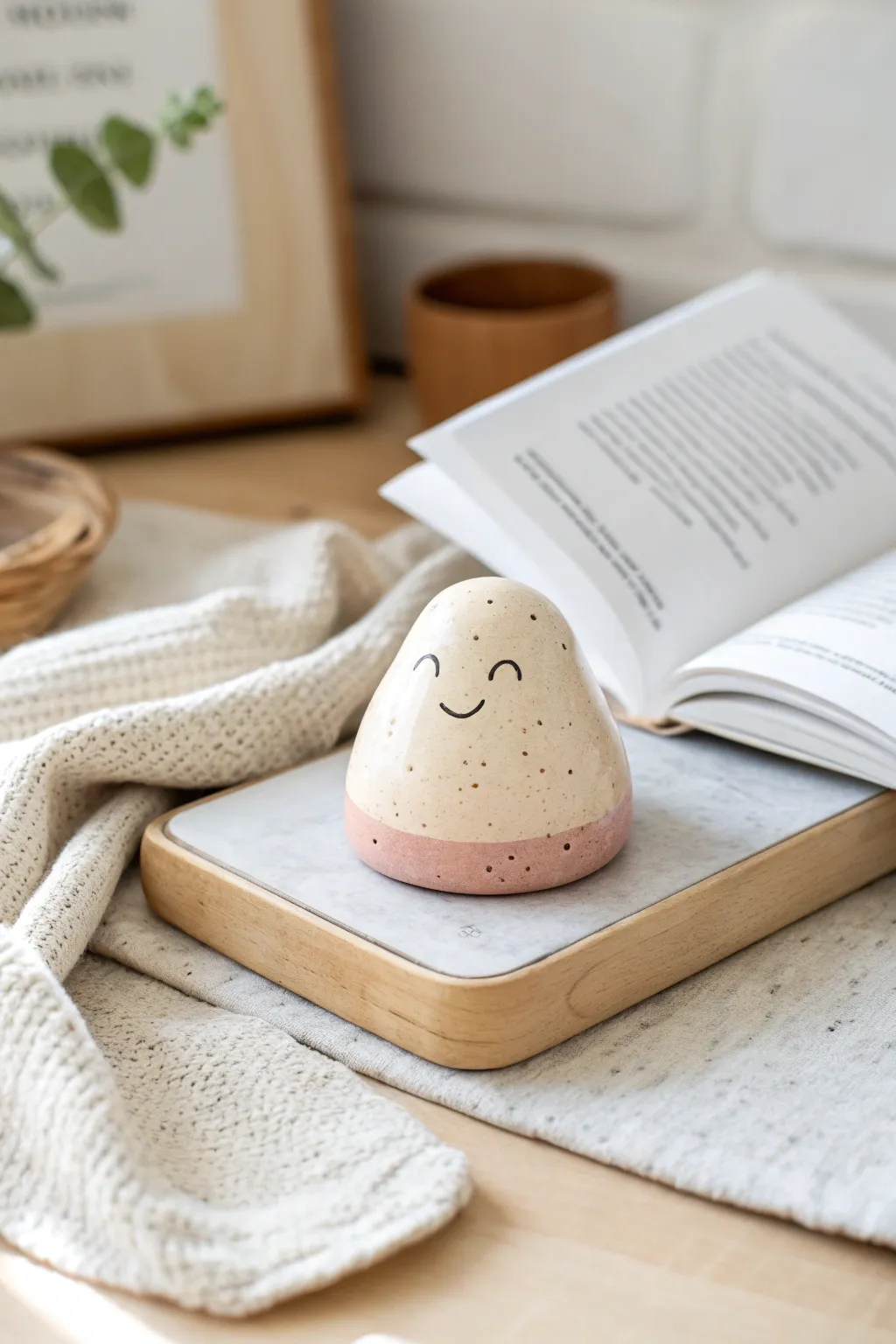 A sweet smiling clay page holder with thumb rest, perfect for cozy reading sessions