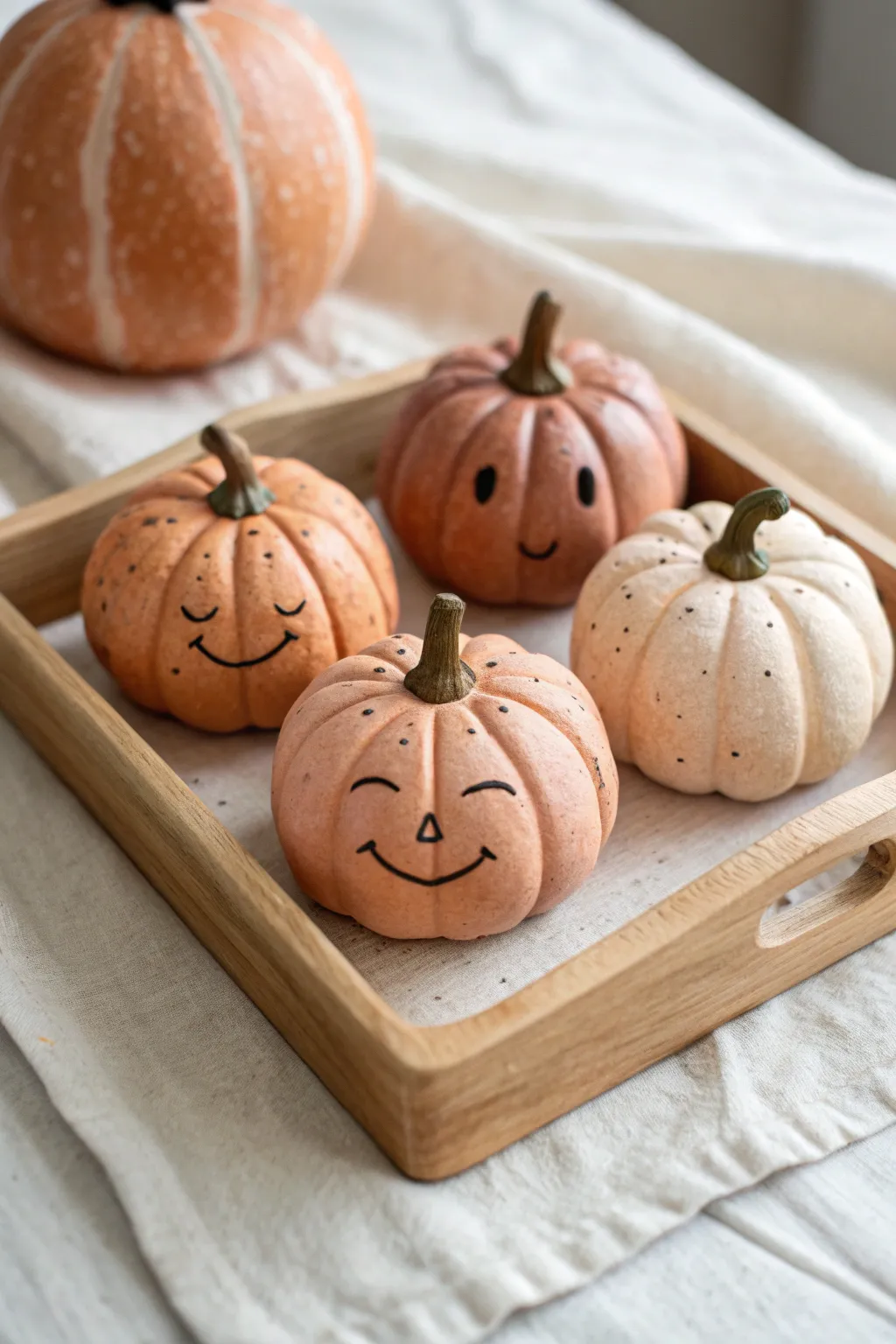 A cozy mini pumpkin family with mix and match faces, perfect for cute DIY Halloween decor.