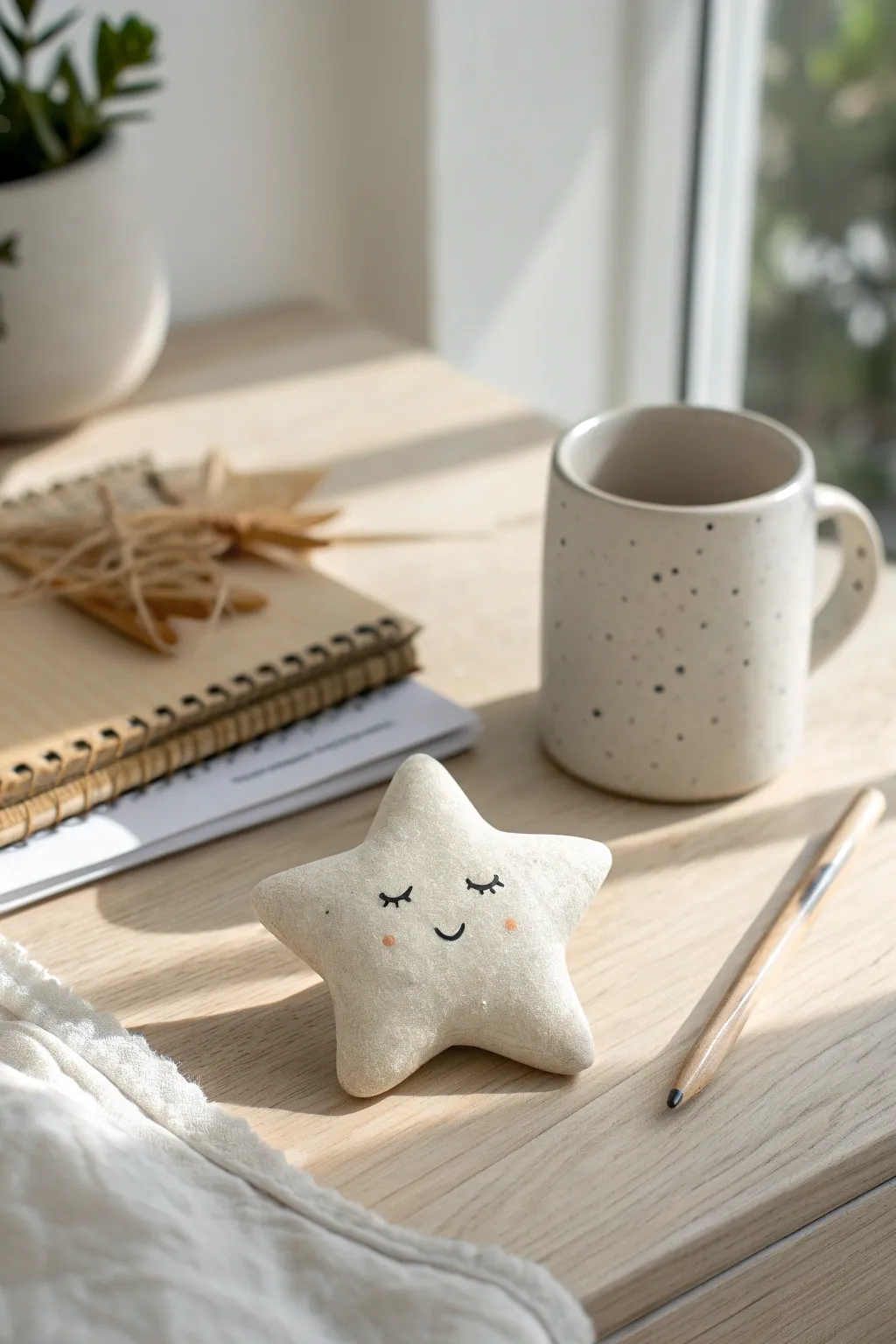Speckled clay star paperweight with a tiny face, styled on a minimal Scandinavian desk