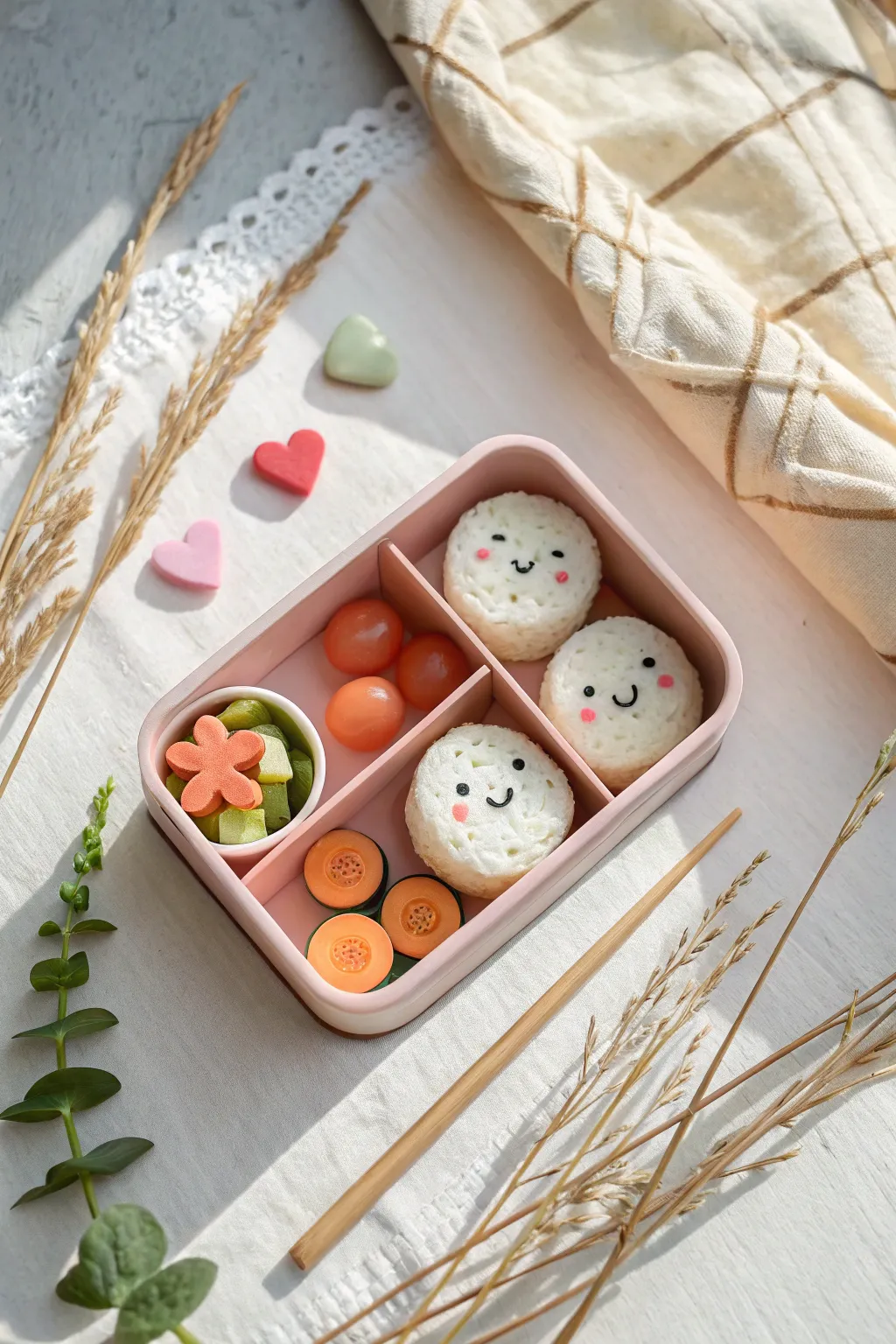 Mini clay bento diorama with smiley rice balls and heart side, sweet Scandinavian-boho vibes.