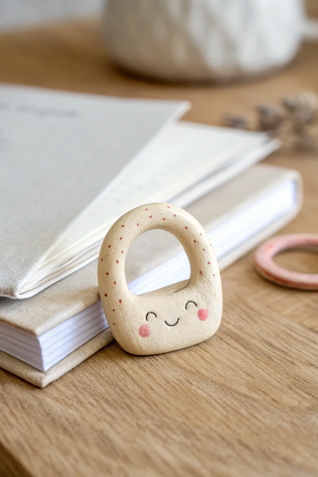 Tiny clay page opener with a sweet face, styled by a book for the cutest reading nook vibe
