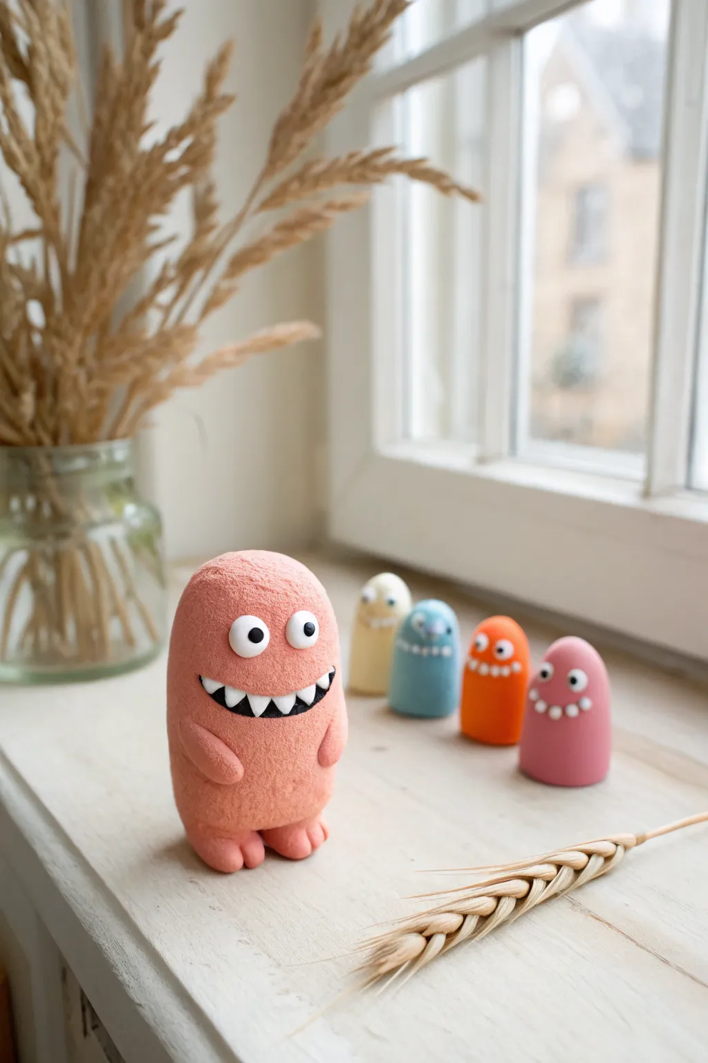 Adorable model magic finger puppet monster with big eyes, minimalist boho styling, perfect DIY inspiration