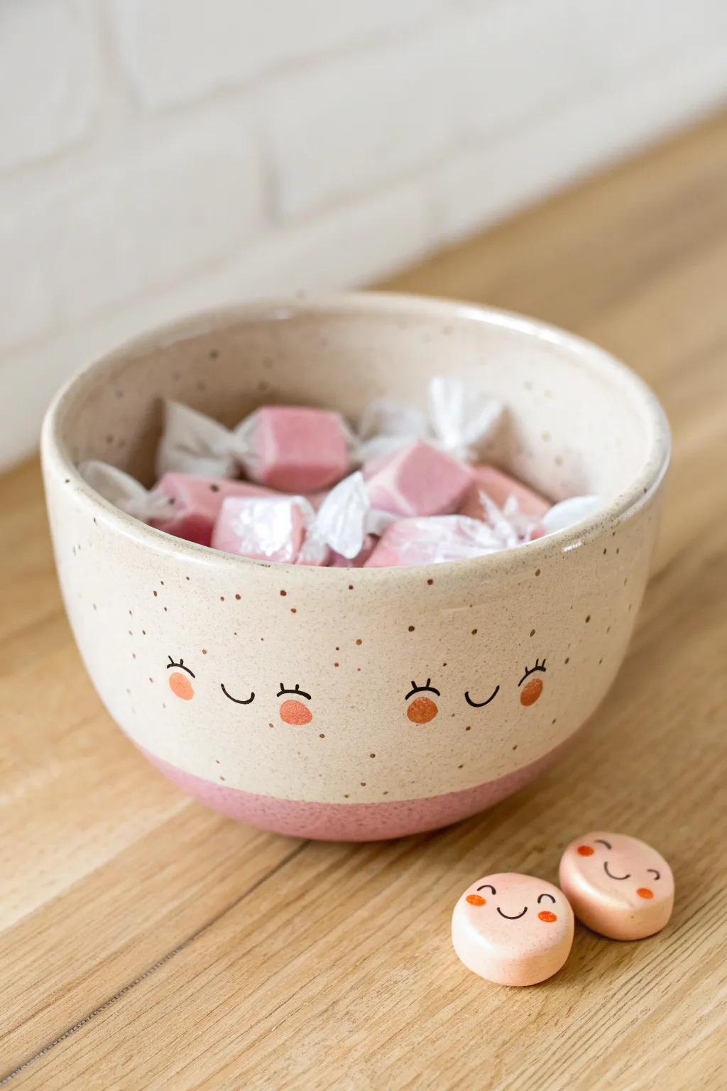 Sweet two-faced pinch pot buddy bowl in soft pastels, perfect for holding little treats