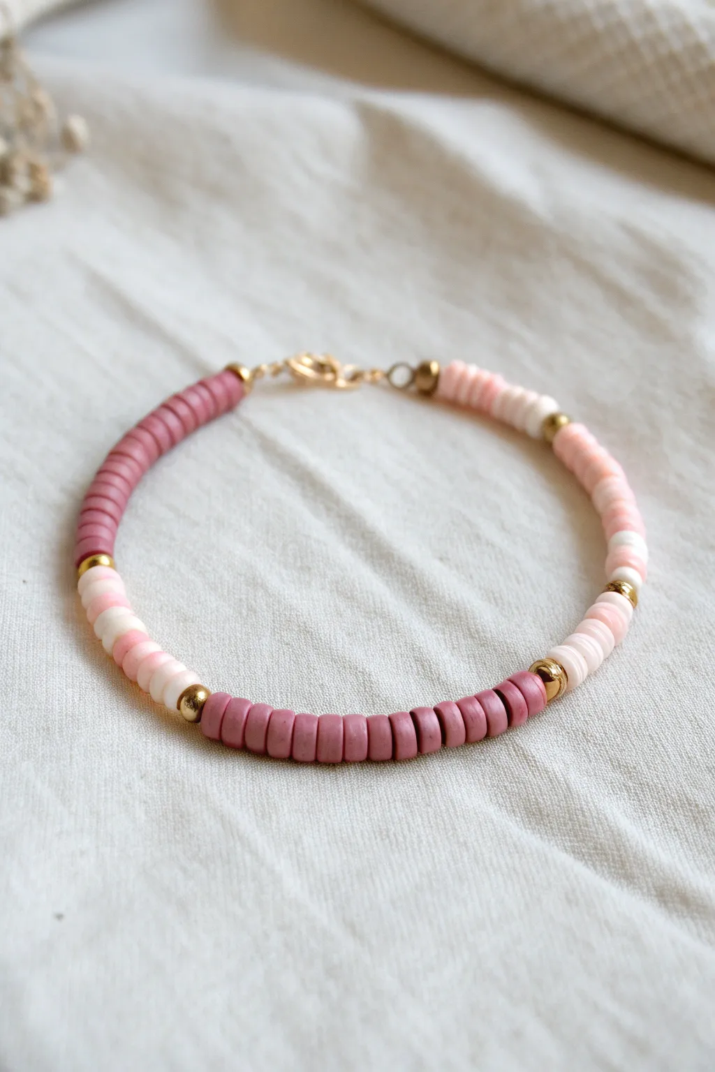 Half-and-half pink clay heishi bracelet with a clean split for a sweet minimalist look