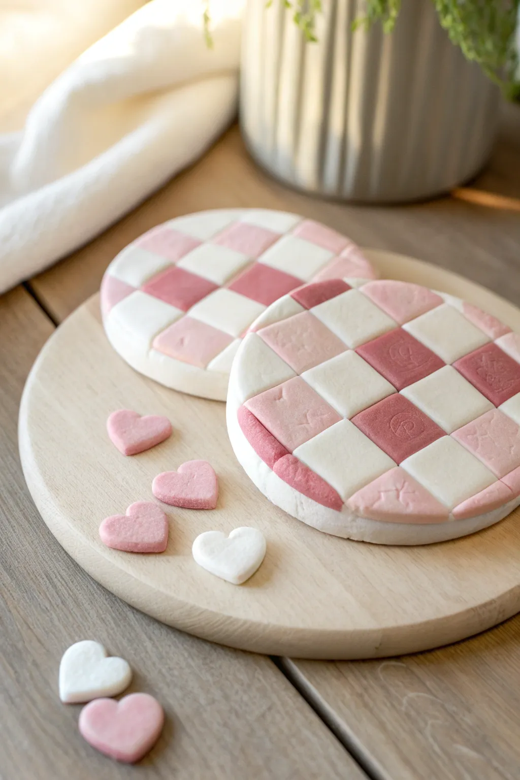 Pastel pink checkerboard coasters with raised hearts, stacked for a cute handmade look