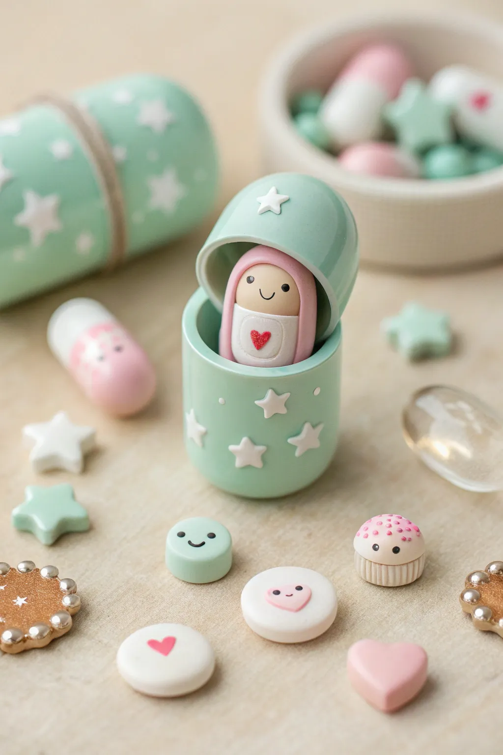 Mystery capsule charm mini collection: pastel polymer clay surprises with tiny happy faces.