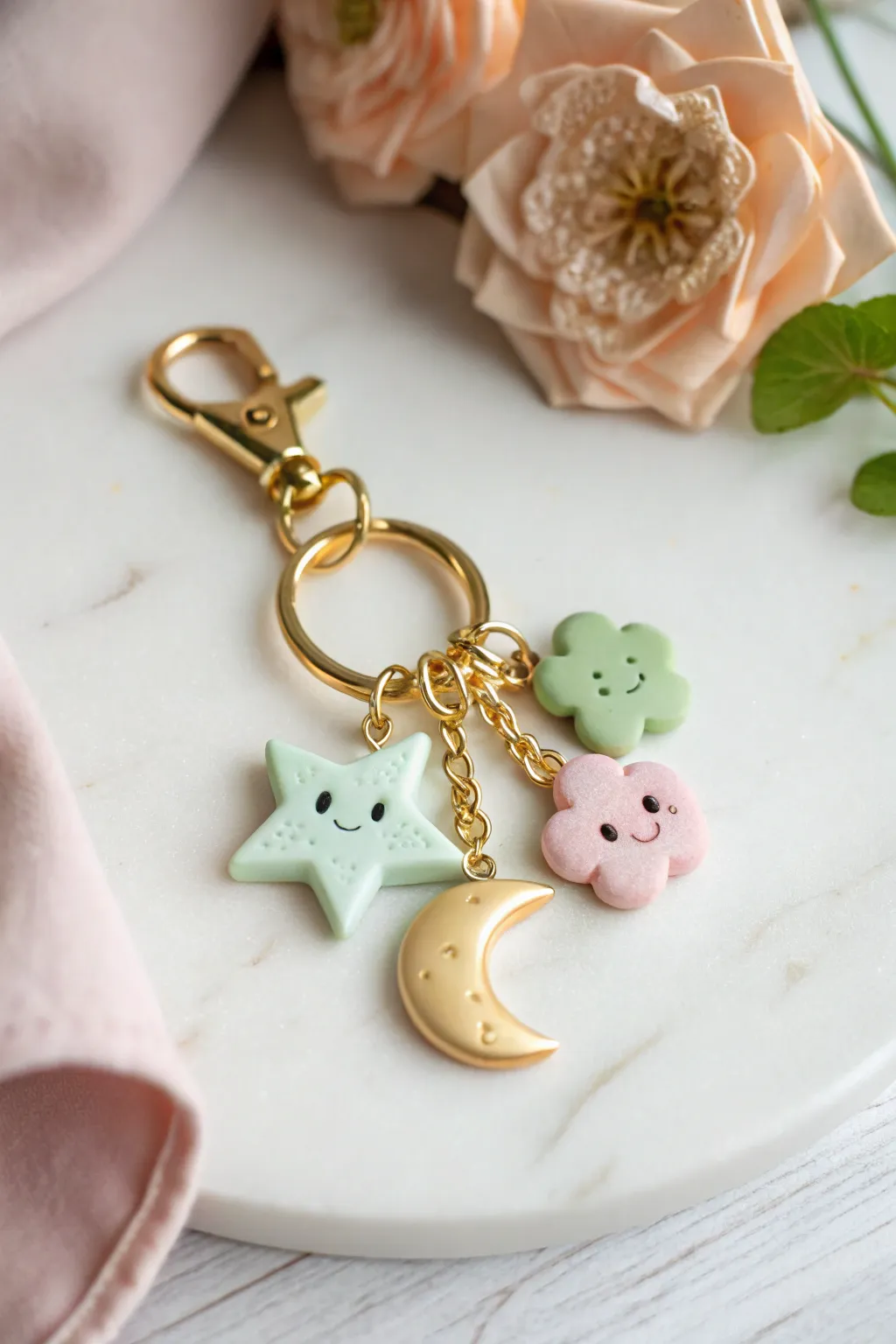 Mini lucky pocket charm keychain: pastel star, clover, and smiling moon in a dreamy minimal style