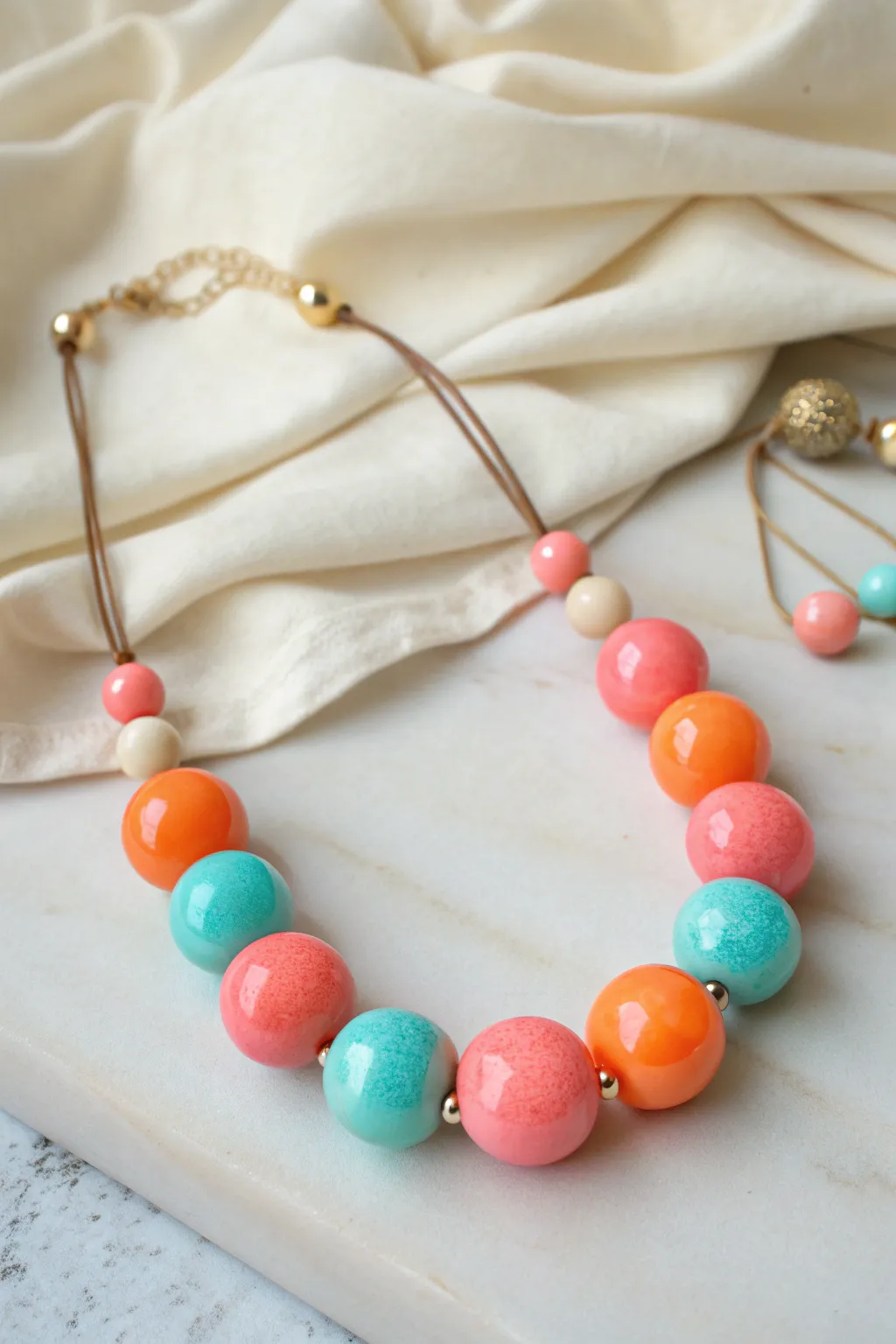 Retro lava-lamp bubble bead necklace in dreamy translucent hues, styled in minimalist flat lay.