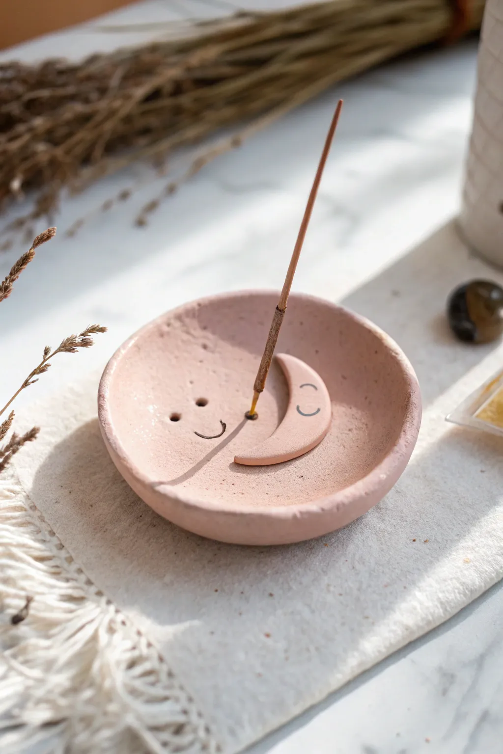 Adorable mini crescent moon clay incense rest, minimalist and cozy for your shelf.