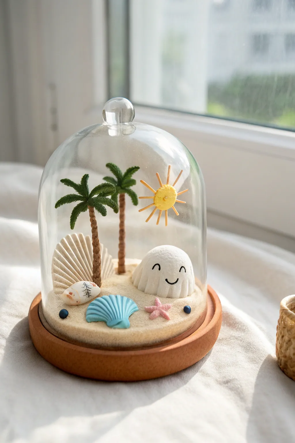 Palm-sized clay beach dome keepsake with smiling sun, wave, and shell—easy summer decor