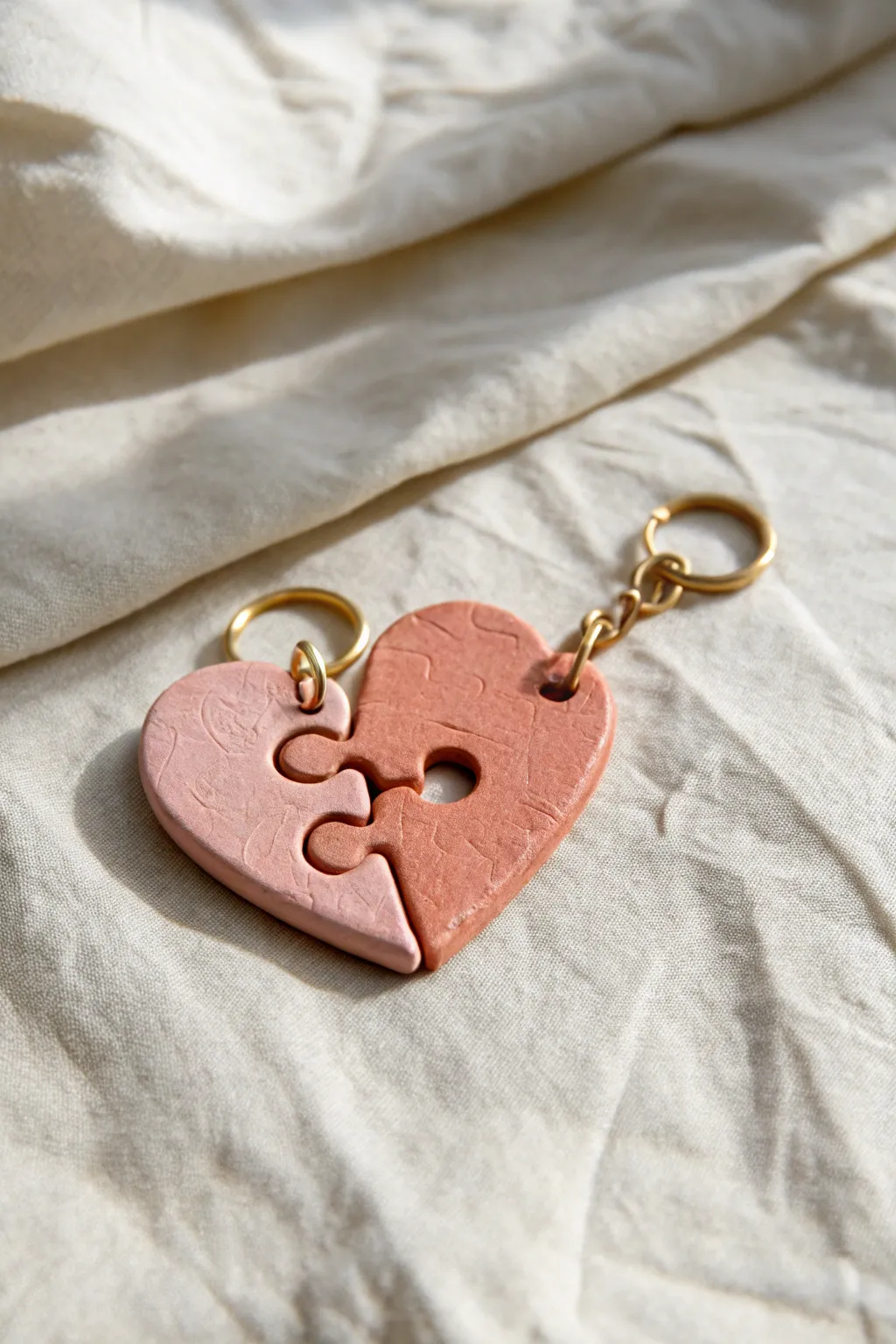 Sweet two-piece puzzle heart clay charm set in blush and terracotta, minimalist boho romance.