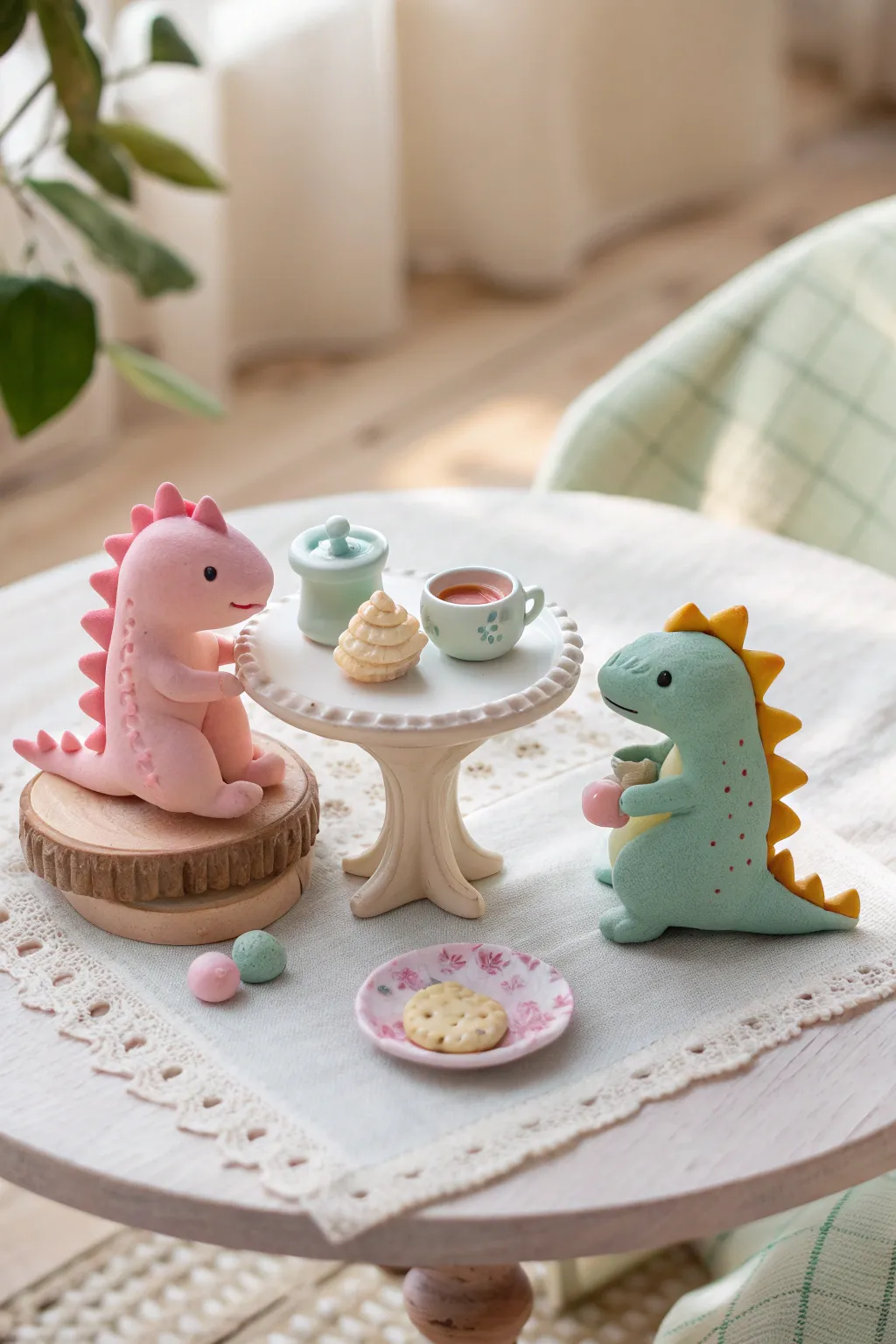 Kawaii pastel dinos hosting a tiny tea party, a sweet air-dry clay mini scene to copy.