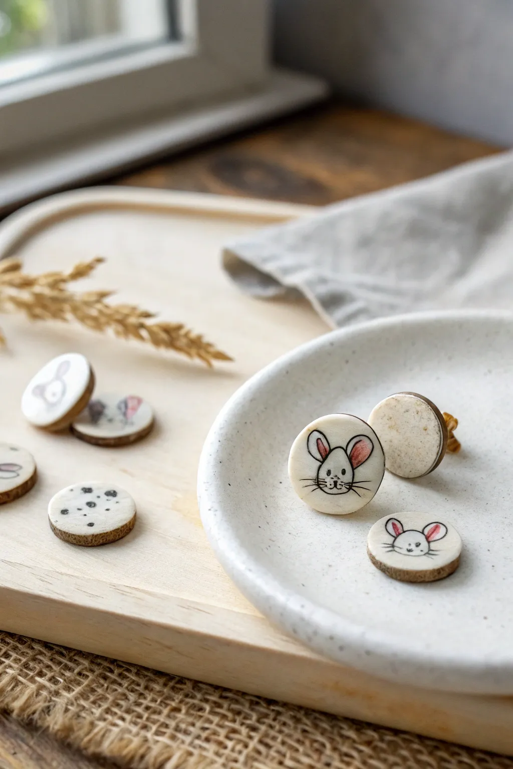 Tiny mouse-head cane slice cabochon with matching studs, styled minimal and boho on a ceramic tray.