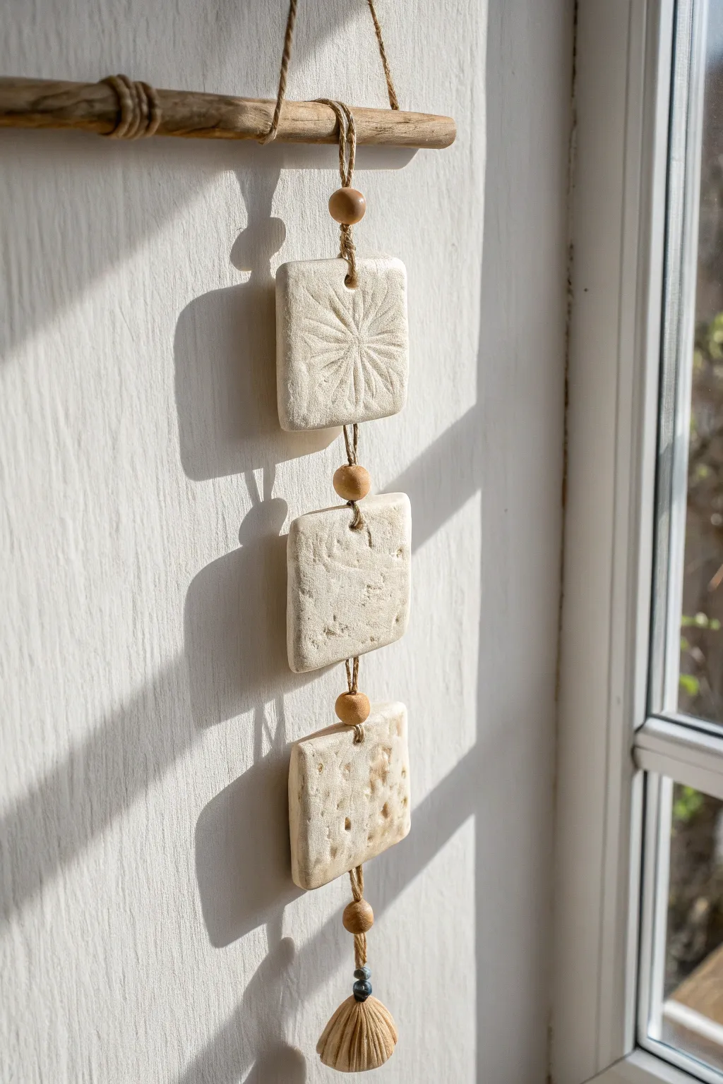 Textured air-dry clay tile wall hanging in soft neutrals, a simple Scandinavian boho DIY.