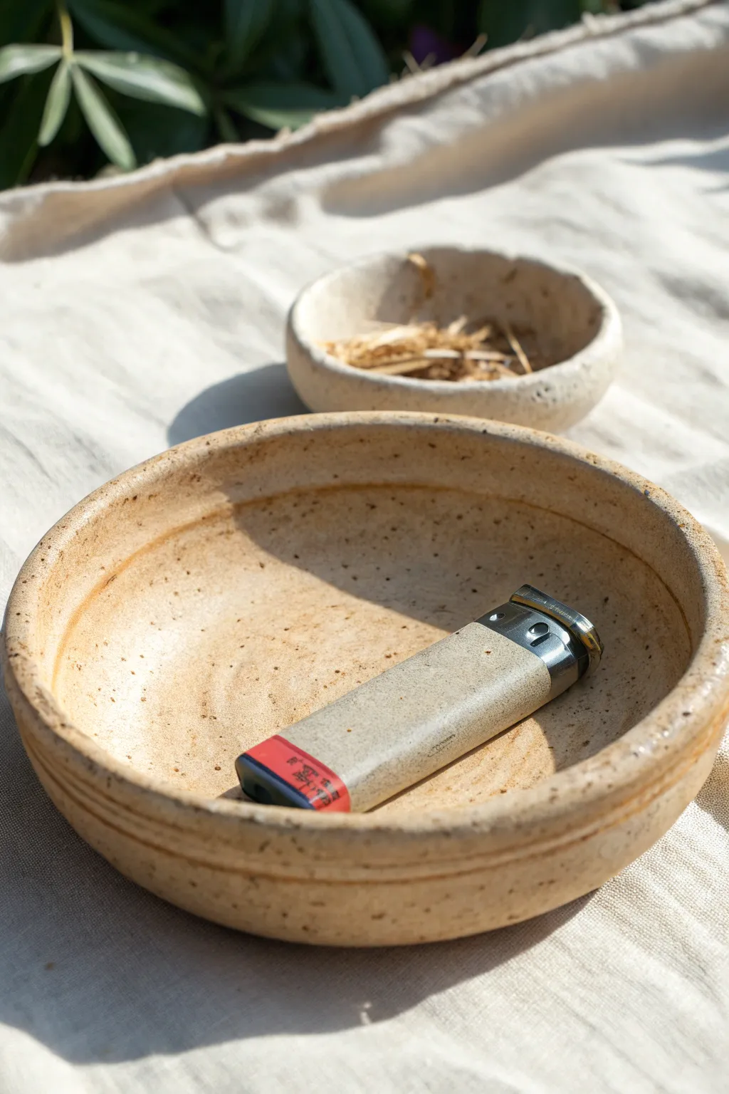 Minimal clay ashtray with a built-in lighter slot, clean lines, and warm earthy Scandinavian style